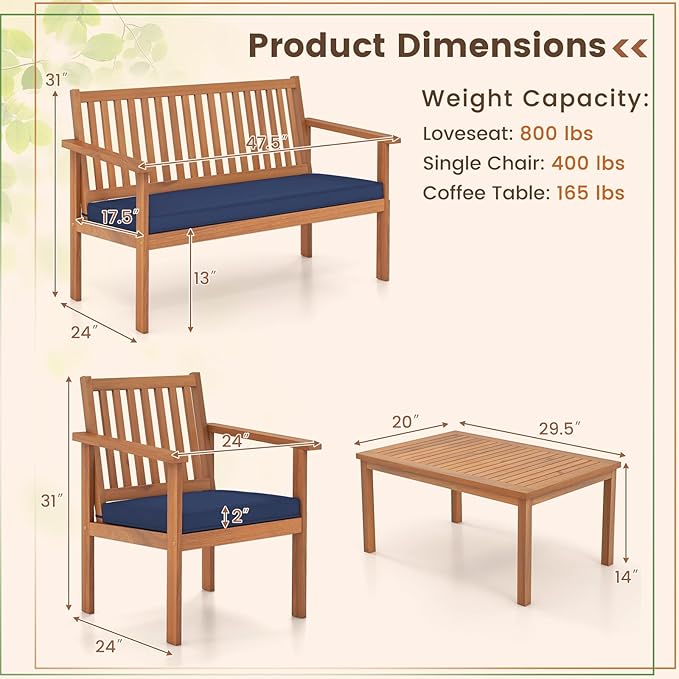 Tangkula 4 Piece Patio Wood Furniture Set, Acacia Wood Sofa Set w/Loveseat, 2 Chairs & Coffee Table, Soft Seat Cushions, Outdoor Wood Furniture Set for Porch, Yard, Balcony (Navy)
