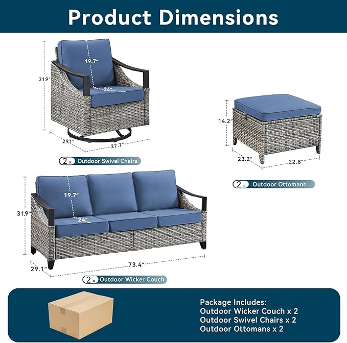6 Piece Wicker Patio Furniture Sets-High Back Wicker Swivel Rocker Patio Chairs Set of 2 with Thick Cushions Ottomans, Outdoor Sofa, Patio Conversation Sets for Porch Balcony Patio Deck Grey/Blue