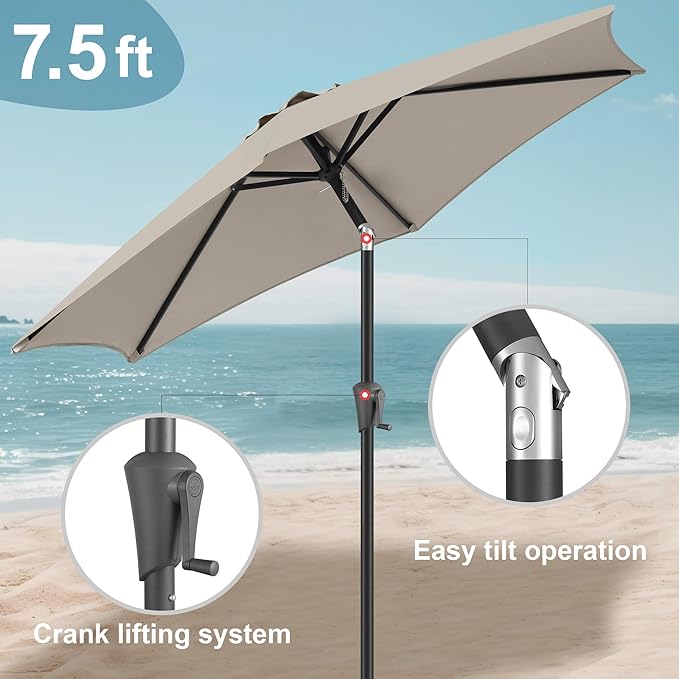FLAME&SHADE 7.5ft Patio Umbrella - Outdoor Umbrella with Push Button Tilt and Crank for UV Protection, Table Market Umbrella for Garden, Deck, Backyard, Pool and Beach(Taupe)
