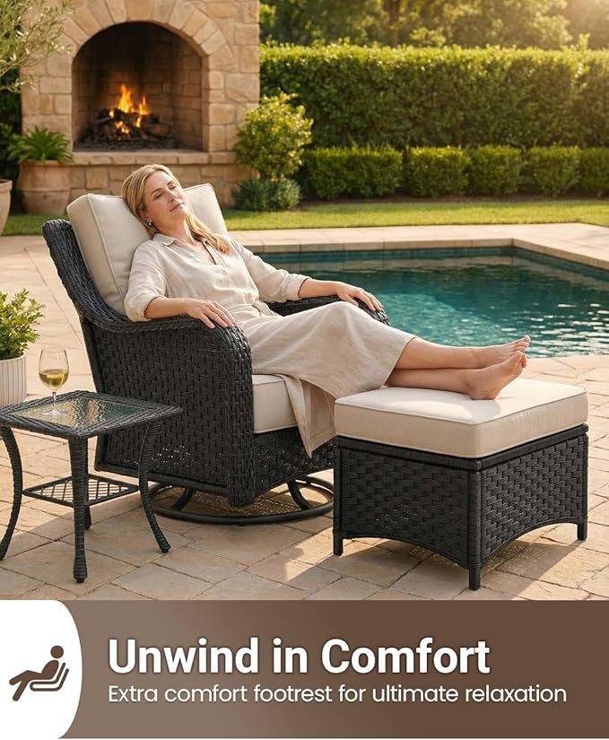 9 Pieces Outdoor Furniture Set with 6-inch Cushions, High Back Wicker Swivel Rocker Chairs with Coffee Table, Luxury Conversation Set for Deck Patio and Poolside