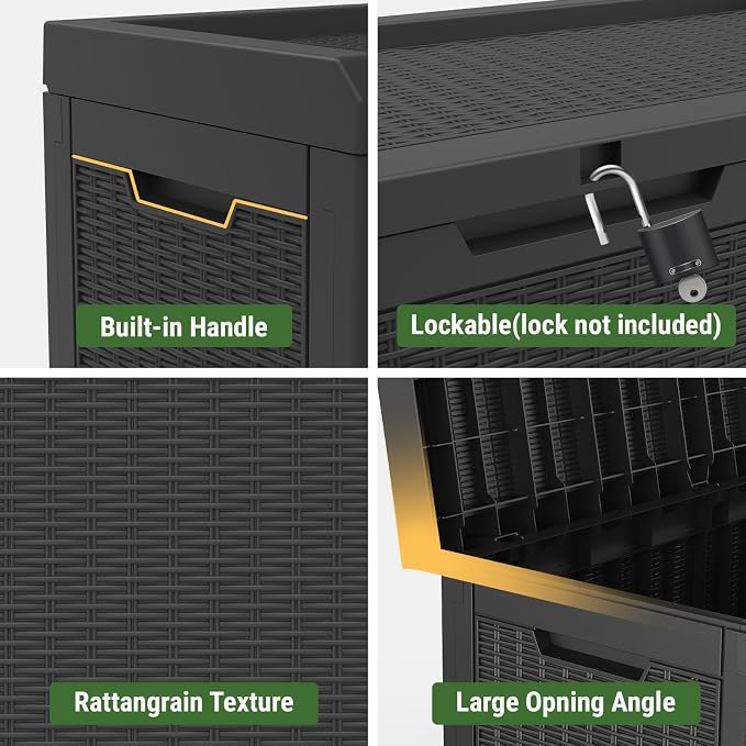 Mars Villa 60 Gallon Outdoor Storage Bench, Deck Box Waterproof Outside Resin Storage Bin for Outdoor Patio Furniture Cushion, Pool Supply, Garden Tool, UV-Resistant and Weatherproof, Rattan Black