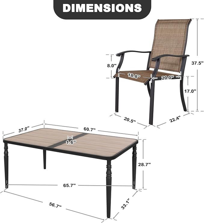 NUU GARDEN 7-Piece All-Weather Outdoor Dining Set, 61” x 37” Wood-Grain Table & 6 Ergonomic Textilene Chairs, Patio Furniture Set with Umbrella Hole for Yard Porch Poolside Garden, Black and Brown