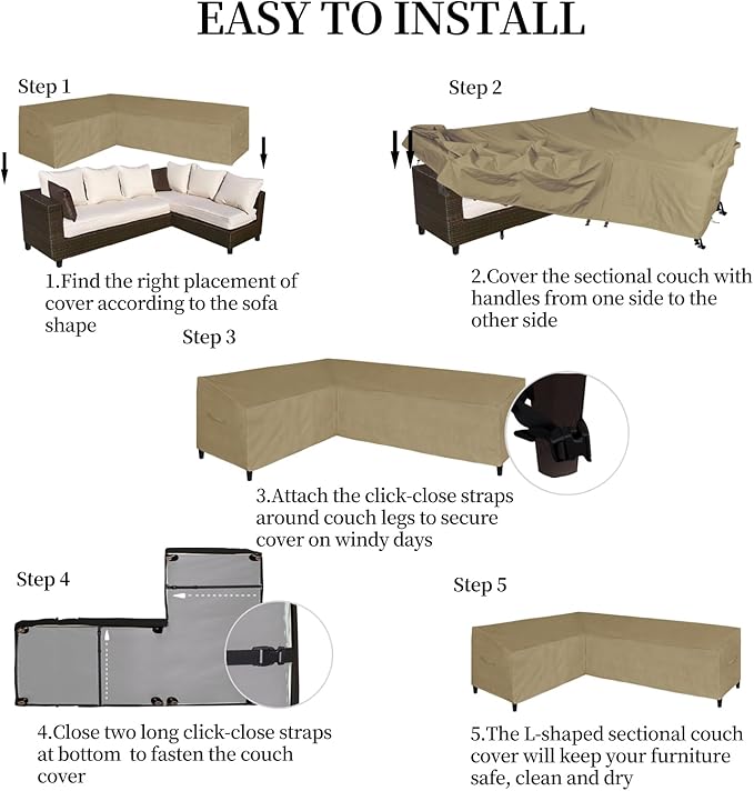 Easy-Going Patio L-Shaped Sectional Sofa Cover, 83“X104 Waterproof Outdoor Sectional Cover, Heavy Duty Garden Furniture Cover with Air Vent (Left Facing, Camel)