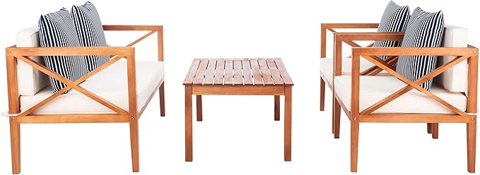 Safavieh Outdoor Nunzio Natural and Beige 4-Piece Patio Set (Pillows Included)