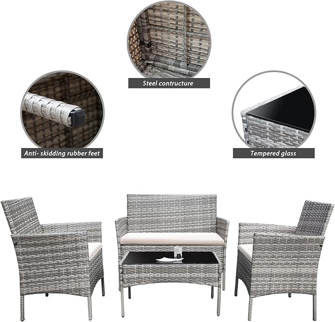 Homall 4 Pieces Outdoor Patio Furniture Sets Rattan Chair Wicker Set,Outdoor Indoor Use Backyard Porch Garden Poolside Balcony Furniture (Grey and Beige)