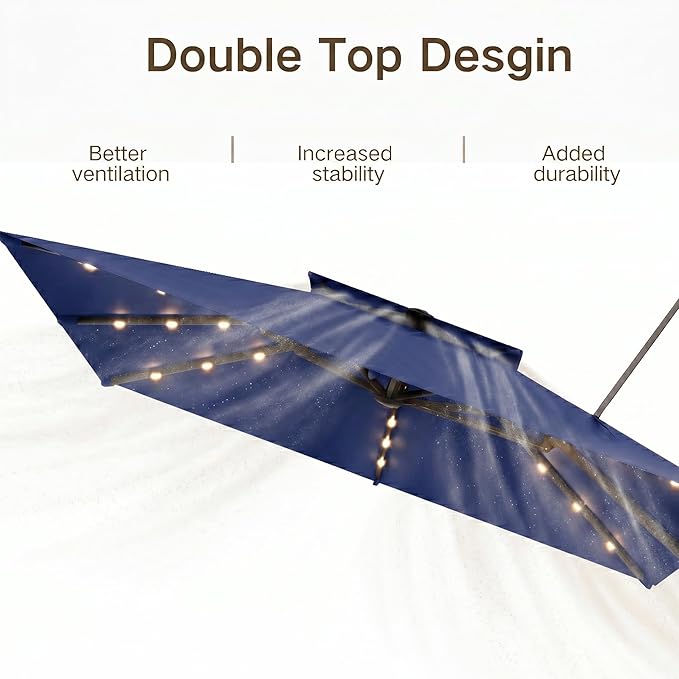Kingdura Cantilever Patio Umbrella with Double Top Vent, Large Square Aluminum Outdoor Offset Umbrella with 360-degree Rotation, Infinite Tilt, UV Protection for Pool Deck Garden Patio