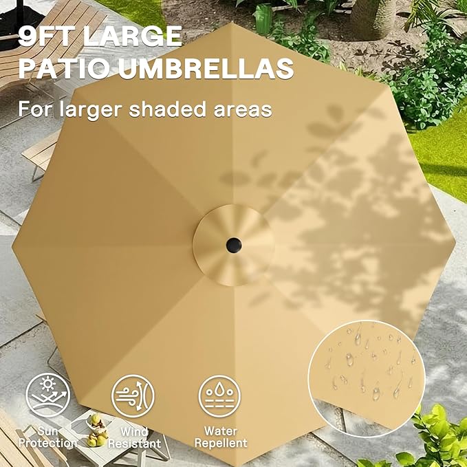 LEVELEVE 9FT Outdoor Patio Umbrella with Easy Crank - UV Resistant & Waterproof Market Umbrella with Ventilated Canopy, 8 Sturdy Ribs & Powder-Coated Frame for Garden, Deck, Backyard, Pool, Patio Table