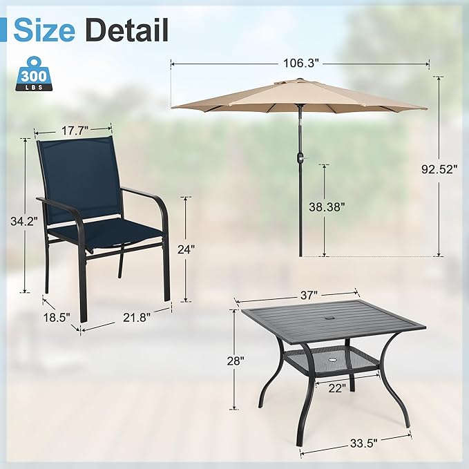Crownland 5 Piece Patio Dining Set, Outdoor Textilene Dining Sets, 4 Textilene Metal Chairs and Square Outdoor Dining Table with Khaki 9FT Round Outdoor Umbrella (Blue)