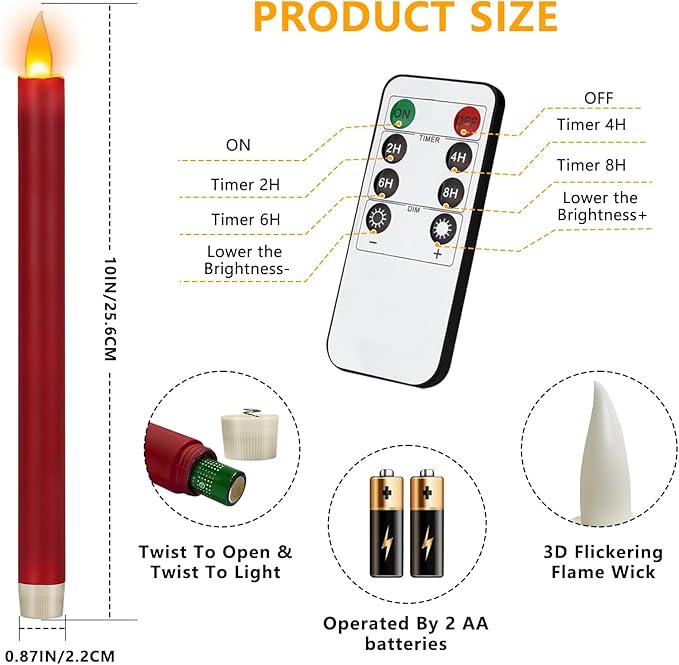 wemarry Flameless Taper Candles 10" Dripless Battery Operated Taper Candles Included Remote Timer 400+ Hours by 2AA Batteries for Halloween Christmas Wedding (Burgundy, 6 Pack)