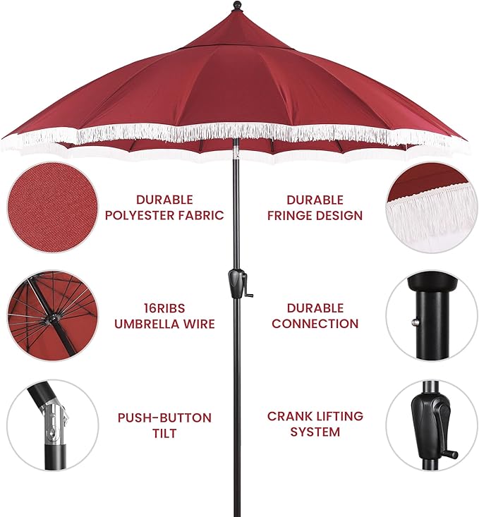 9' Patio Umbrella with Burgundy Canopy and White Fringe Accents, Black Frame Market Umbrella for Patio, Deck, and Backyard by Sun-Ray