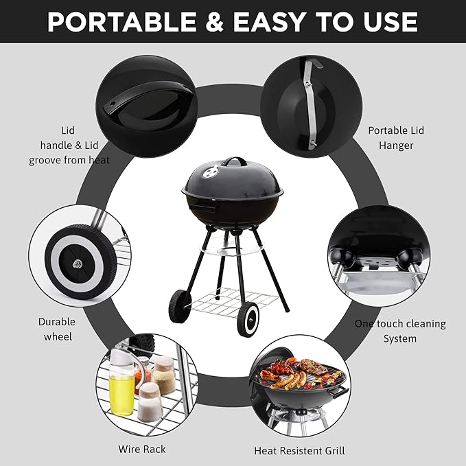 18 Inch Portable Charcoal Grill with Accessories for Outdoor Cooking Barbecue Camping BBQ Coal Kettle - Mini Grilling Utensil Includes Tongs, Spatula,Fork,Basting Brush, Scraper