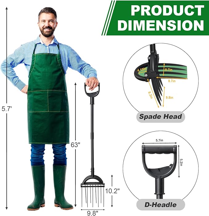 Broad Fork Garden Tool, 63” Heavy Duty Broadfork Hand Tiller with Double 5+4 Sharp Tines, Garden Pitchfork with Ergonomic D-Shaped Handle, Spading Digging Fork for Compost Soil Cultivating Loosening