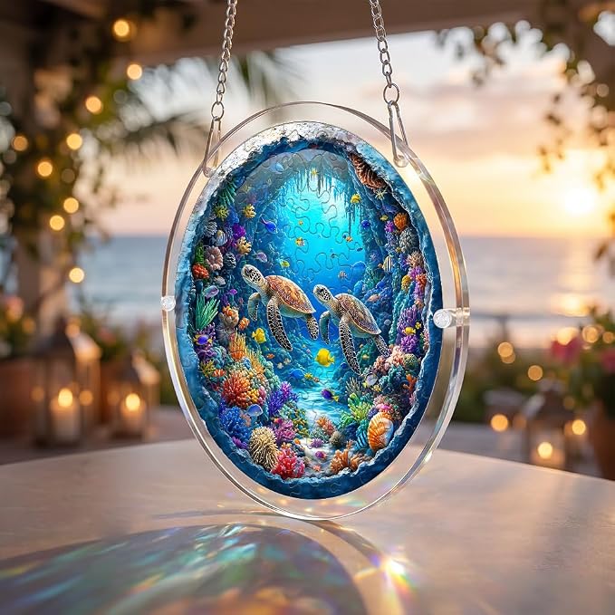 Acrylic Puzzle Suncatcher, Sea Turtle 3D Ocean Pattern Sun Catcher Jigsaw Puzzle Window Hanging, Acrylic Puzzles Kit Home Garden Decor, for Mom, Wife, Sisters, 7.87 inch