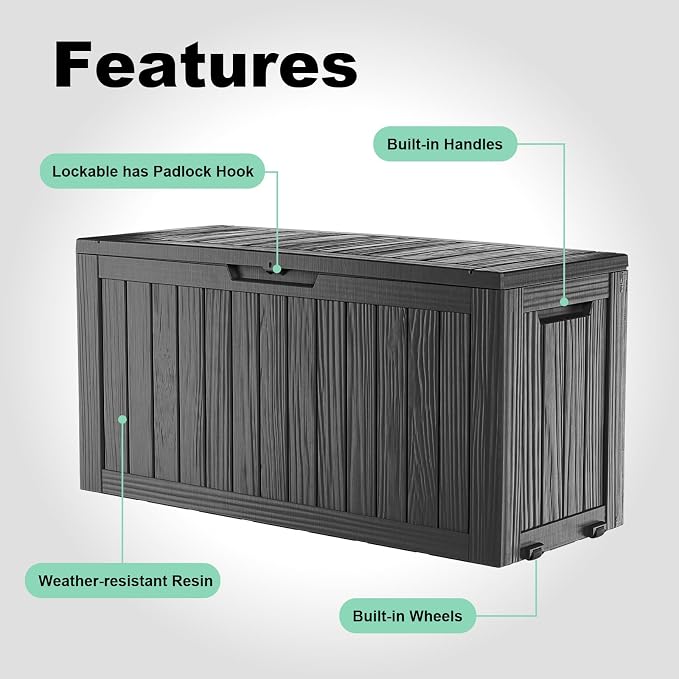 Vixzen 90 Gallon Deck Boxes Outdoor Waterproof, Large Resin Lockable Storage Box with lid for Patio Furniture Cushions, Weatherproof Outdoor Storage Boxes for Garden Tools & Pool Accessories(Black)