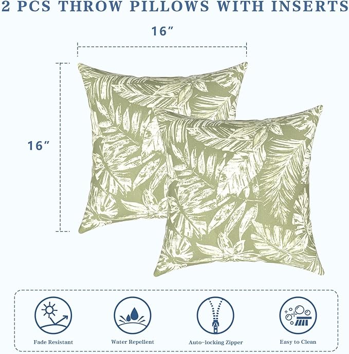LVTXIII Outdoor Throw Pillows 16x16 Inch, Set of 2 Square Decorative Pillows with Inserts for Patio Furniture, Porch Chair, Sofa Accent, Tropical Leaf Green