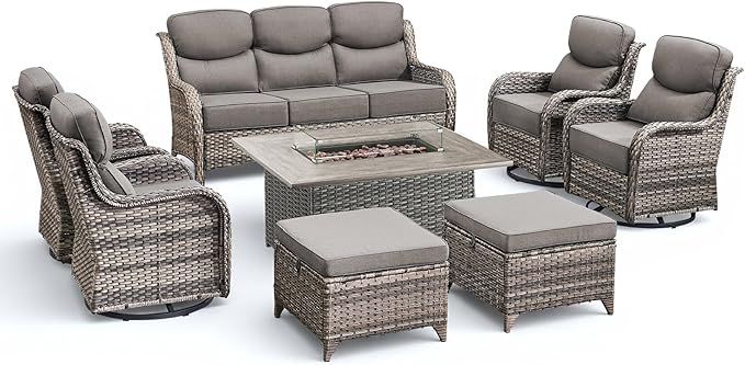 Luxury Patio Furniture Set with Fire Pit Table-8 Pieces All Weather Outdoor Swivel Rocker Chairs with Sofa and Ottomans. Outdoors Patio Conversation Sets for Porch Deck Garden Backyard(Grey/Grey)