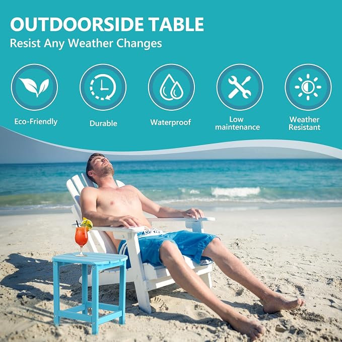 Plawdlik Adirondack Side Table, Wooden Textured,Hdpe Outdoor Weather Resistant Set for Patio, Garden, Porch, Pool, Backyard & Light Blue