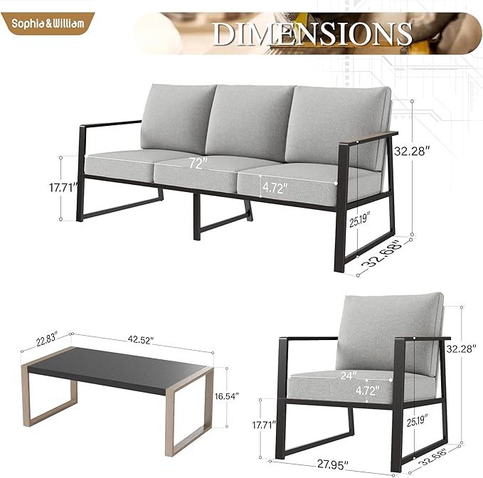 Sophia & William Modern Patio Furniture Set Outdoor Conversation Set 6pcs Heavy Duty with Soft Cotton-Filled Textilene Fabric for 5, Adjustable Coffee Table for Pool Garden Backyard