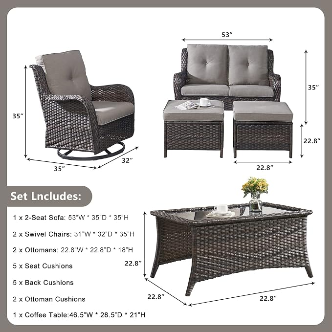 Rilyson 6 Piece Outdoor Patio Furniture Set - Rattan Wicker Patio Conversation Sets with 2 Swivel Rocker Chairs,2 Ottomans,1 Loveseat and 1 Coffee Table for Outside Porch Deck Backyard(Brown/Grey)