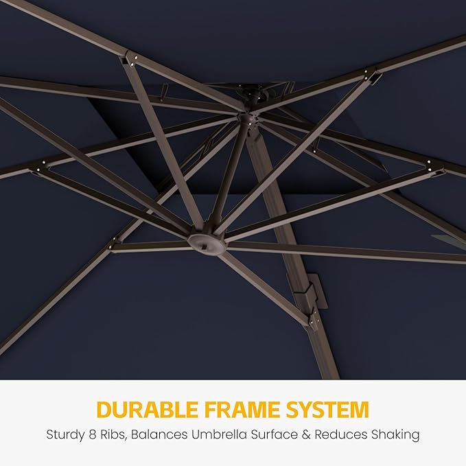 10x10 FT Patio Cantilever Umbrella (Base Not Included) (Base Not Included), Rectangular Heavy Duty Offset Umbrella for 6-8 People, 360°Rotation & Mult Tilt, Double Top Design, for Pool Garden Deck (Navy)