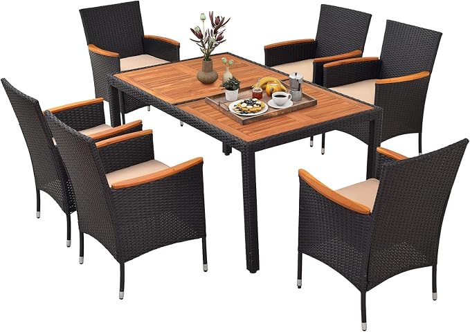 Tangkula 7 PCS Outdoor Dining Set, Patio Conversation Set with Acacia Wood Tabletop, Umbrella Hole, Removable Seat Cushions, Wicker Dining Table & Chair Set for Garden Yard Poolside