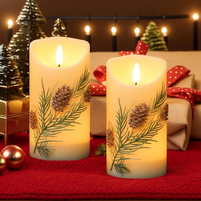 Wondise Flameless Candles with Timer, Battery Operated Flickering 3D Wick Real Wax Pine Cone Candles for Christmas Holiday Indoor Decoration, Set of 2, Ivory(D3 x H5.7 Inch)