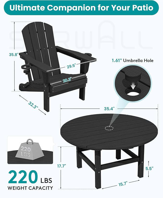 SERWALL 35.5'' Round Outdoor Table with Umbrella Hole, HDPE Weatherproof Coffee Table, Black