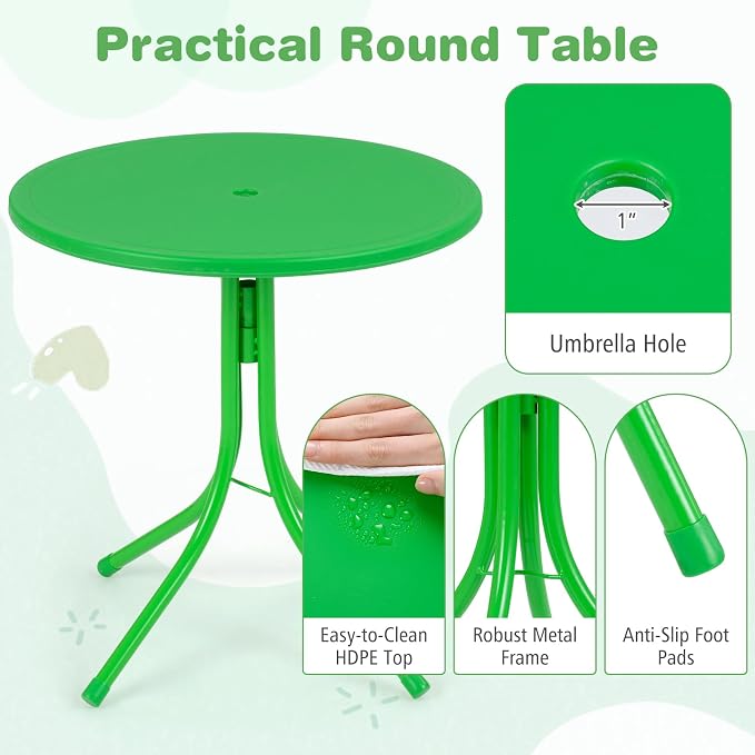 KOTEK Kids Picnic Table with Umbrella, Outdoor Table & 2 Folding Chairs, Cute Pattern Children’s Patio Furniture, Portable Kids Table and Chair Set for Backyard, Garden, Beach (Green Forest)