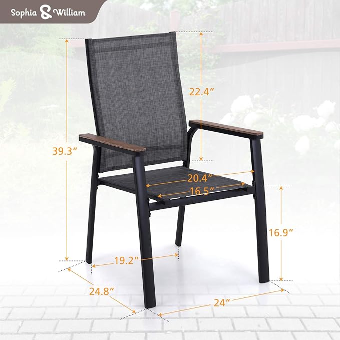 Sophia & William Patio Dining Chairs Set of 4, Stackable Aluminuum Frame | Grey textilene, Weather-resistant, light-weight & space-saving, Breathable & quick-drying, Outdoor deck backyard porch