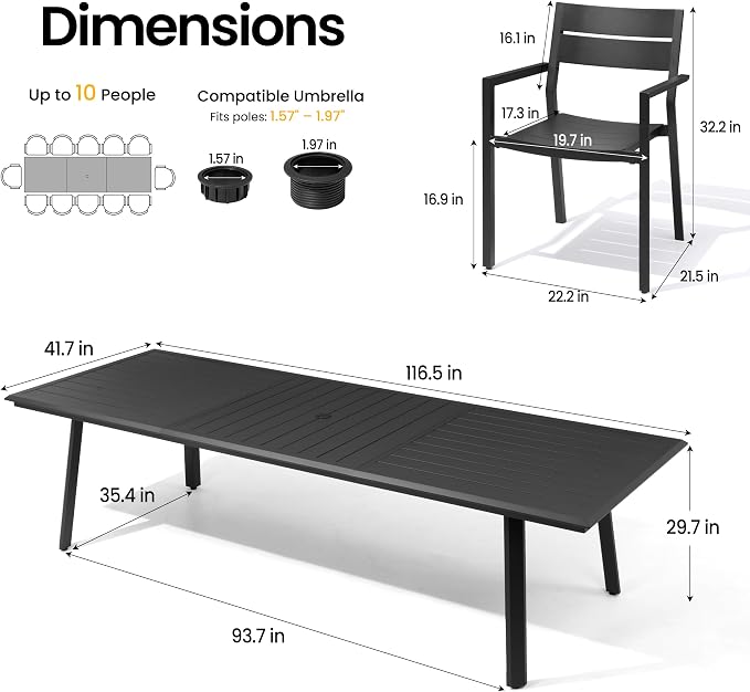13-Piece Outdoor Patio Dining Set with Stackable Armchairs | 116" Aluminum Rectangular Table Rust-Proof with Umbrella Hole for Large Family Gatherings, BBQs, Parties, Black