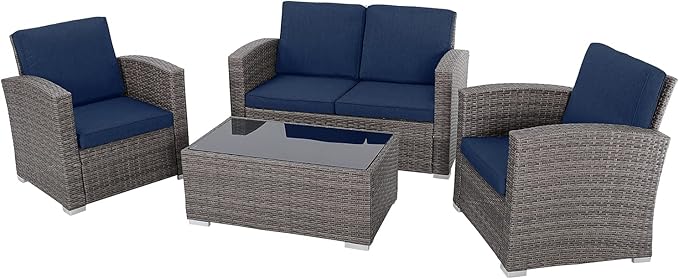 JOIVI Patio Furniture Set, 4 Piece Outdoor Patio Conversation Set, All-Weather PE Rattan Wicker Sectional Patio Sofa Set with Tempered Glass Coffee Table for Family Gatherings, Navy Blue