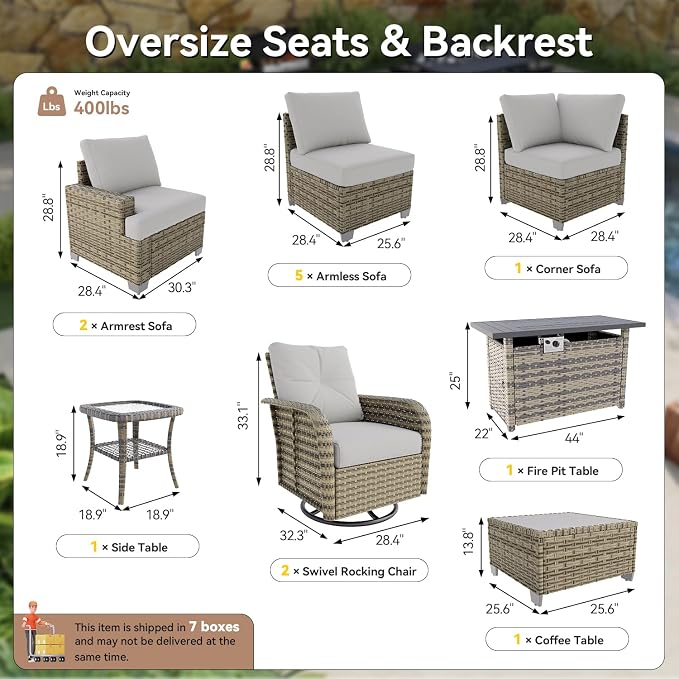 LazySunsets Luxury Patio Furniture Set with Fire Pit Table，All-Weather Patio Sectional Sofas with Thickened Cushions, 13 Piece Outdoor Furniture Sectional Set with Swivel Rocker Chairs of 2，Grey