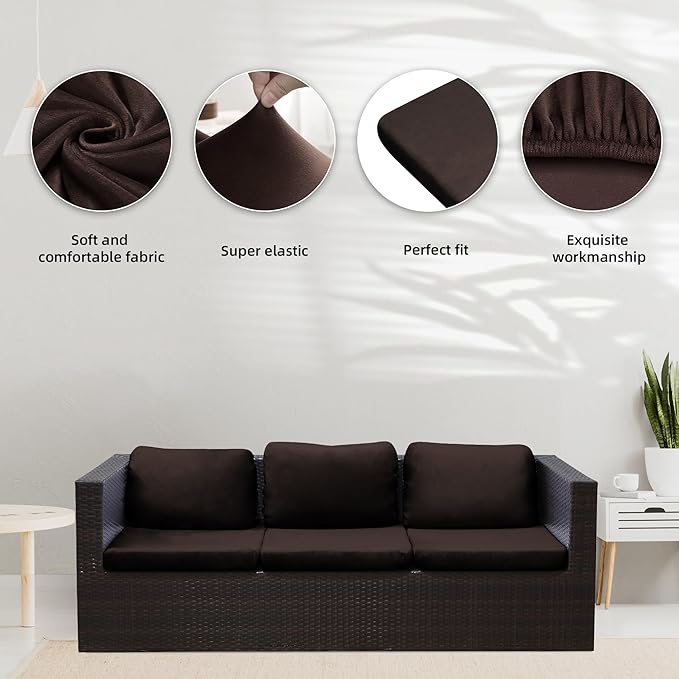 BIETYONE 8Pcs Stretch Velvet Patio Cushion Cover,Fluffy,for Fall Outdoor Couch Cushion Cover Replacement,Washable Indoor Outdoor Cushion Slipcovers(Coffee,Cover Only)