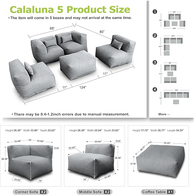 Patio Furniture Set Bean Bag 5 Pieces Outdoor Chairs Sectional Conversation Patio Set Daybed Furniture Outdoor Sofa Couch High Density Foam Filling Modern Comfy Patio Couch, Dark Gray