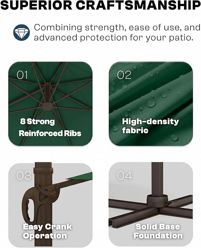 9x9 FT Square Cantilever Umbrella,Easy Tilt, Fade Resistant & 360° Rotation, Offset for Pool Deck Backyard Patiodark green (Base not Included)