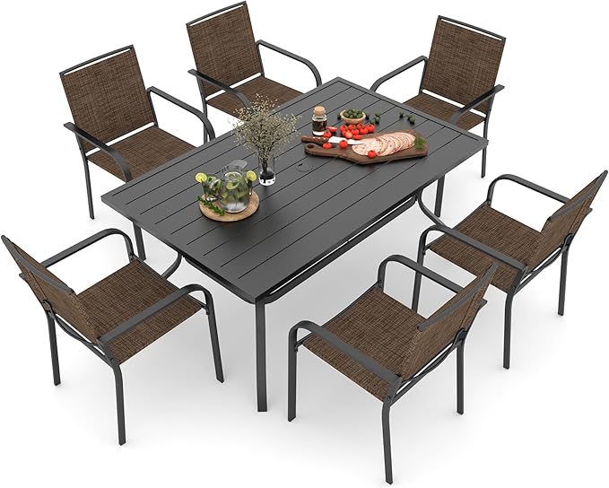 Anmutig Outdoor Patio Dining Set for 6 Person with 60"X38" Rectangular Table and 6 Brown Tan Stackable Chairs