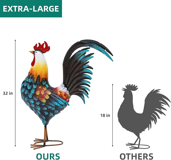 32" Majestic Metal Rooster Yard Decor, Large Outdoor Garden Statue | Outdoor Chicken Sculpture, 3D Hand-Painted, Rustic Farmhouse Style, Weather-Resistant Iron, Backyard Patio Lawn Garden
