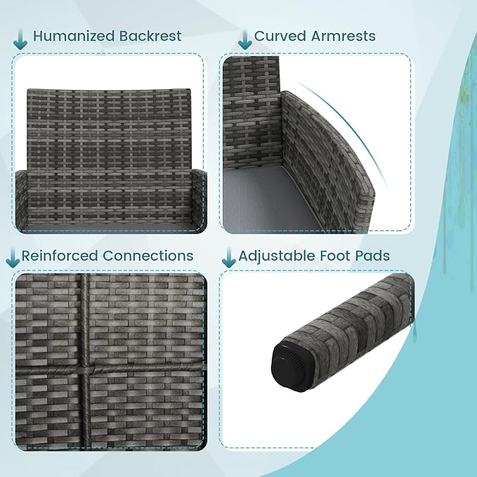 HAPPYGRILL 4 Pieces Outdoor Rattan Conversation Set, Patio Wicker Furniture Set with Loveseat Chairs & Tempered Glass Coffee Table, Outside Sectional Sofa Set for Backyard Garden Poolside, Gray