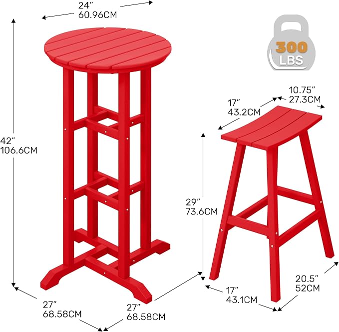 Costaelm Outdoor Bar Table, 42" Counter Height Round Patio Cocktail Bar Table, Patio Bar Table 3-Pieces Set Bistro Dining Table Pub Table for Deck, Backyard, Garden, Red