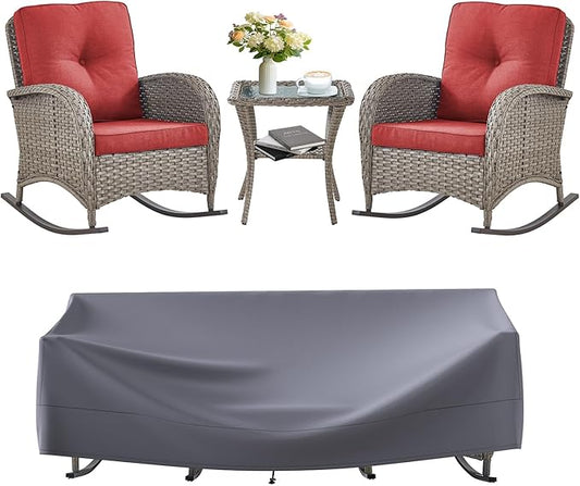 Outdoor Rocking Chairs Set of 2-Patio Table and Chairs Set Outdoor Conversation Furniture Sets for Deck Porch Garden Balcony Poolside-Grey/Red