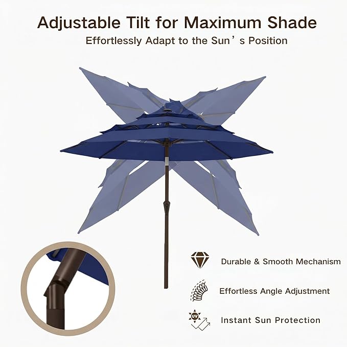 Kingdura 10ft 3-Tier Patio Umbrella, Outdoor Table Umbrella with Easy Crank & Tilt, 8 Reinforced Ribs, UV Protection for Deck, Pool, Market, Backyard (Navy blue)
