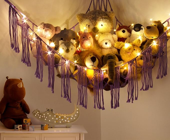 Stuffed Animal Hammock Corner with LED Light - Toy Storage Hammock Plushie Net Organizer - Teddy Bear Stuffy Hammock - Purple Nursery Decor Baby Kids Bedroom Nursery Furniture