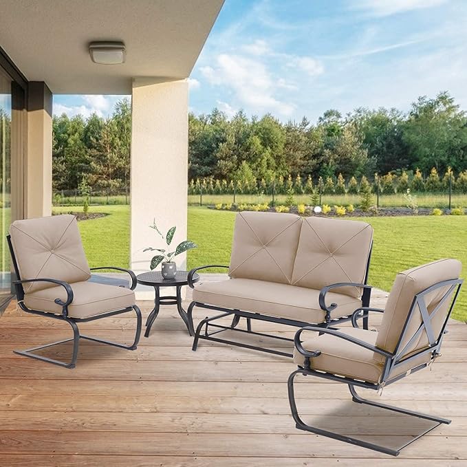 4 Pcs Outdoor Wrought Iron Furniture Patio Conversation Set with Glider Loveseat, 2 Spring Chairs, and Coffee Table (Brown)