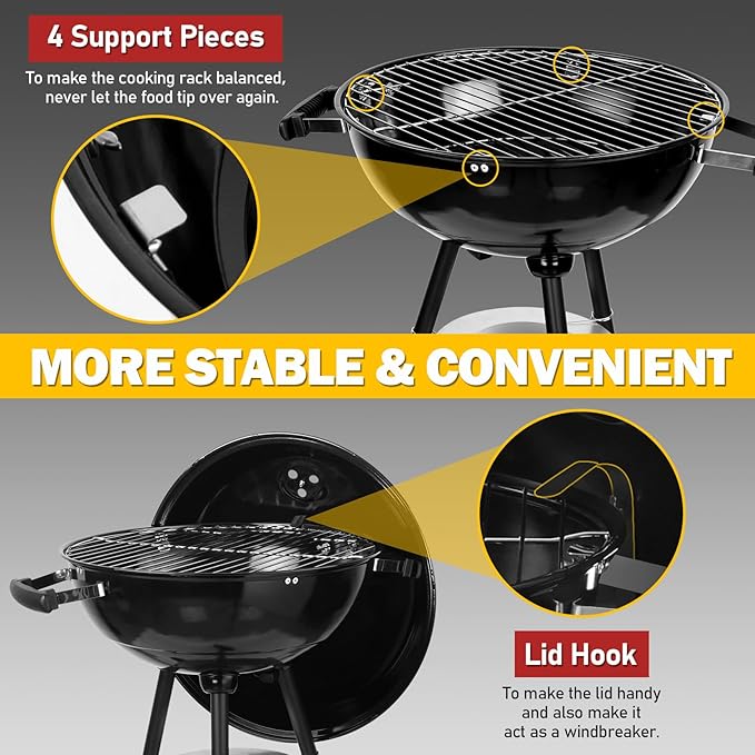 Joyfair Kettle Charcoal Grill (18 Inch), Outdoor Barbecue Grill for Camping/Backyard/Tabletop Grilling, Portable Round Smoker with Wheels, Enameled Lid & Fire Bowl, Dual Venting System, Black
