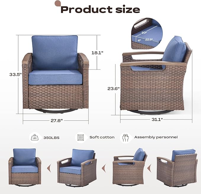 Rilyson Outdoor Patio Swivel Rocking Chairs Set of 2, All Weather Wicker, Metal Armrest, Deep Seating, Thick Comfortable Cushions, Ideal for Deck Porch Backyard, Brown/Blue