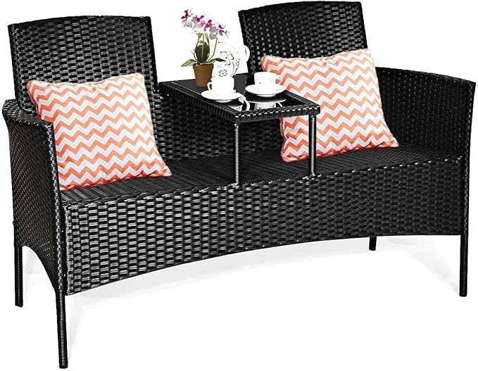 Patio Conversation Furniture Set, Outdoor Wicker Rattan Loveseat Sofa Set w/Tempered Glass Top, 2 Removable Cushions & Coffee Table, Ideal for Balcony/Garden/Lawn/Backyard, Red