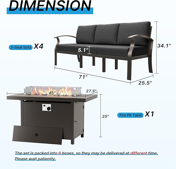 Gotland Aluminum Patio Furniture Set with Fire Pit Table, Metal Patio Furniture with 12 Seats Waterproof 5.1'' Seat Cushions, Oversized Outdoor Sectional Conversation Sets for Balcony Porch Black