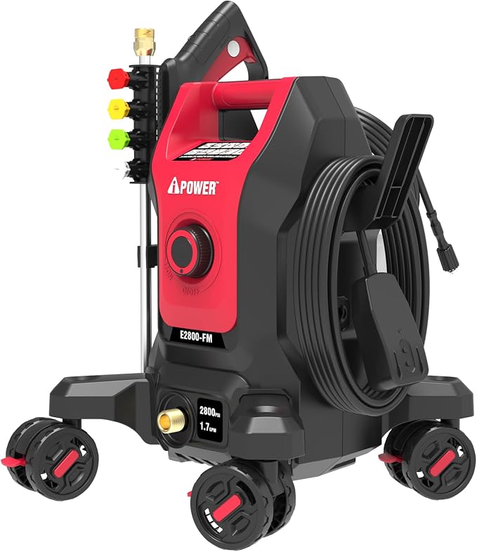 A-iPower Follow Me Electric Pressure Washer 2800 Max PSI 1.7 GPM Anti-Tipping Design with 5 Nozzles, Soap Dispense for Fences, Driveways, Patios, Cars, Home Cleaning, E2800-FM, Red