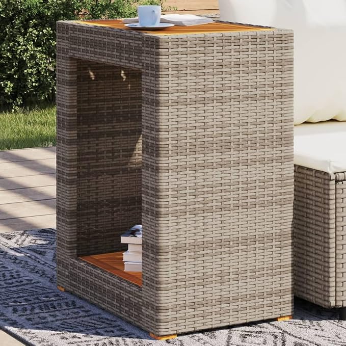 vidaXL Patio Side Table with Wooden Top, Exterior Tea Table with Storage, Rectangular Coffee Table for Garden Backyard, Modern, Gray Poly Rattan