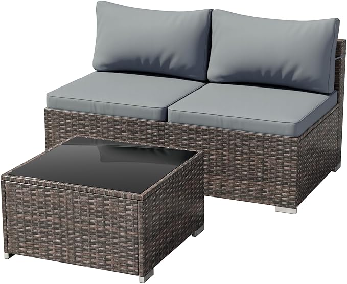 3 Piece Patio Furniture Set, Outdoor Wicker Patio Sofa Set, PE Rattan Sectional Couch with Glass Table and Grey Cushions, All-Weather 3 Piece Outdoor Patio Furniture Sets, Brown